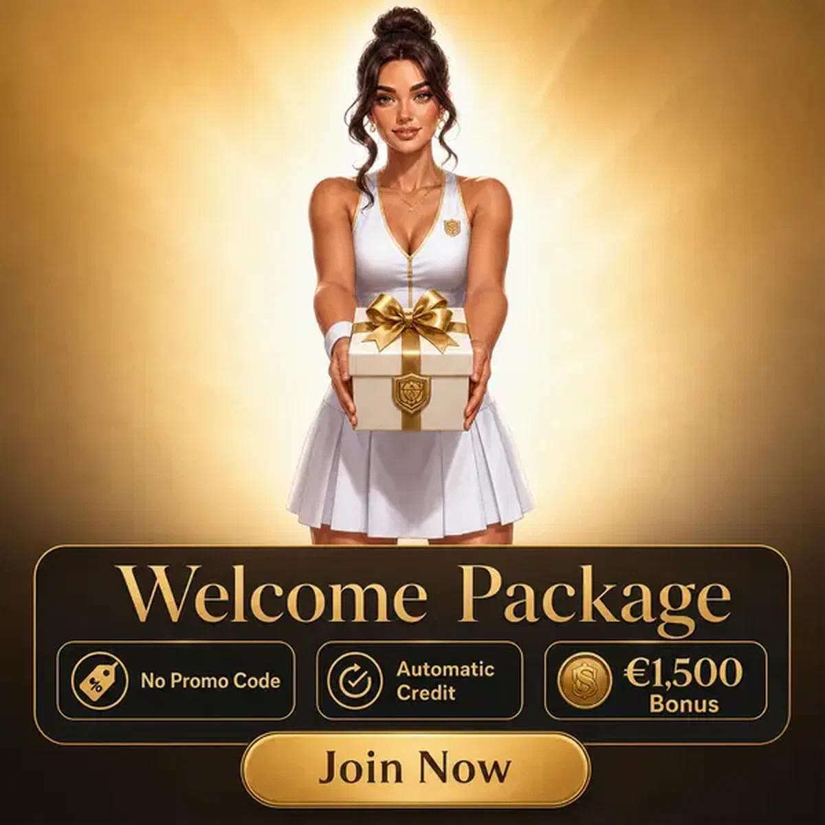 Speler presenteert Welcome Package Structure geschenkdoos in triomfantelijke pose klaar om te registreren