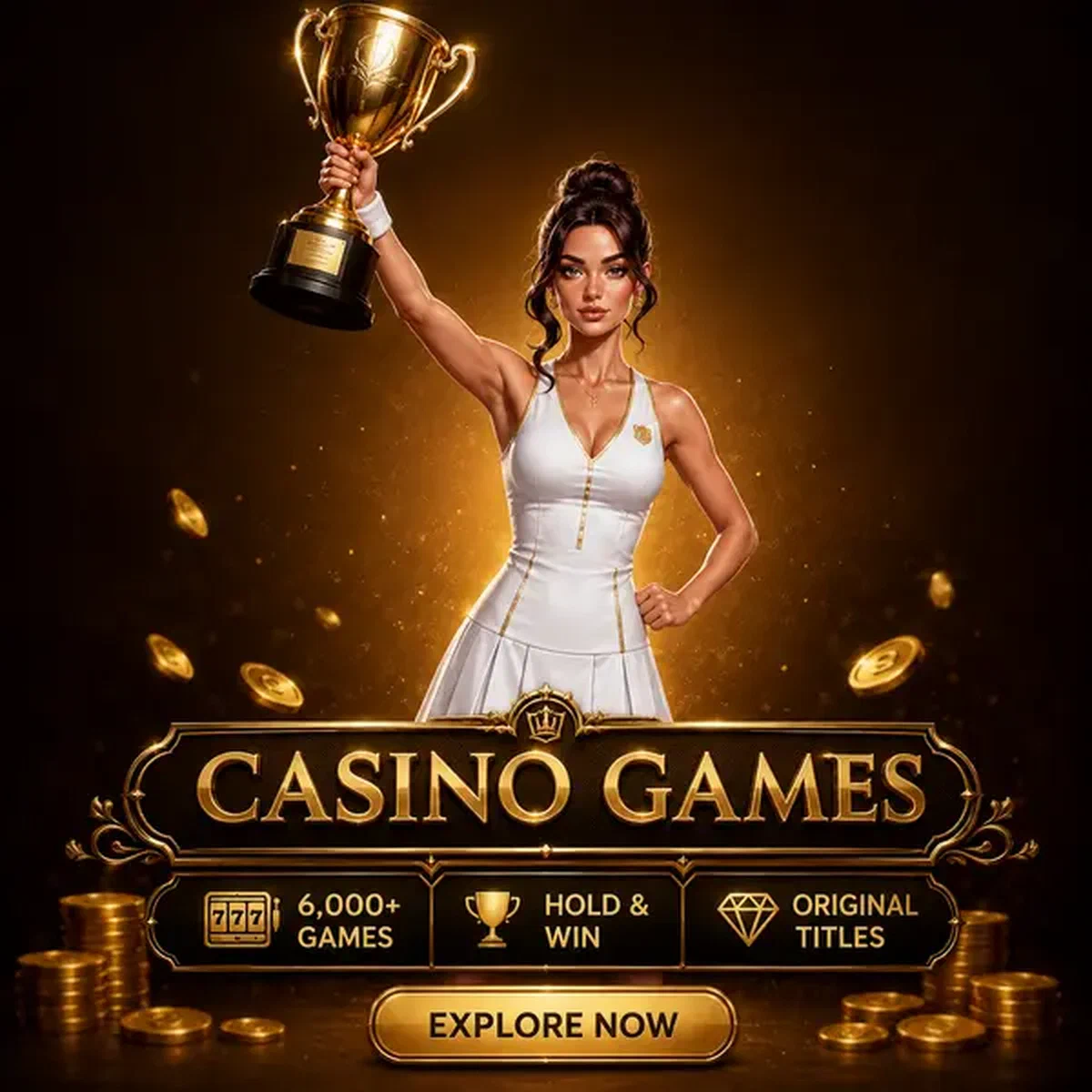 Atletische kampioen houdt triomfantelijk gouden trofee vast bij Billionairespin Casino Games overwinningspodium