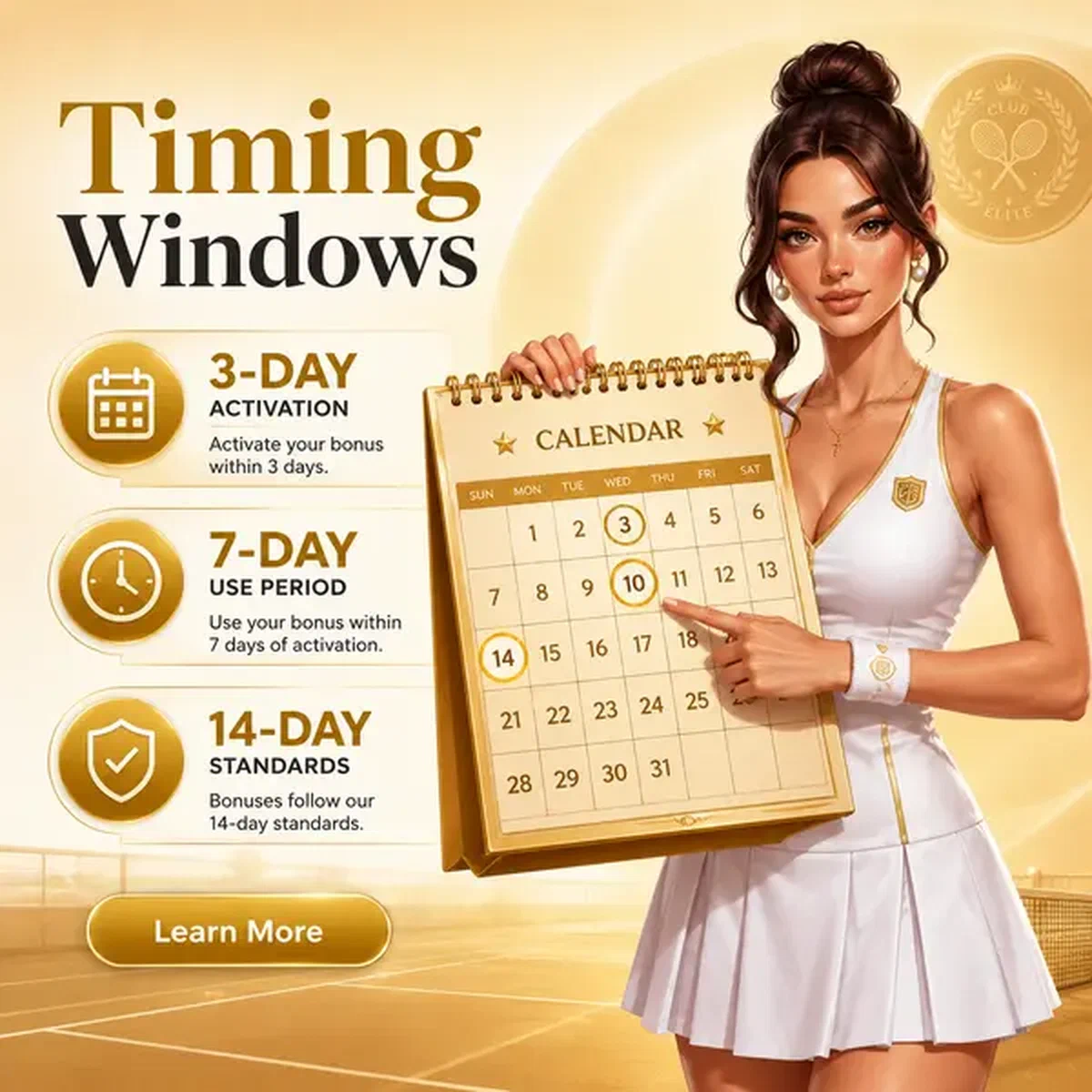 Atletische vrouw met gouden kalender die promocode-timing toont bij Code Expiry and Clearance Windows