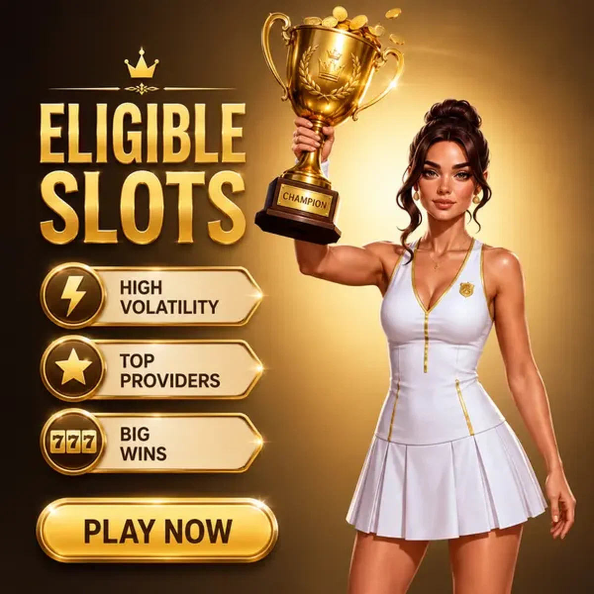 Kampioen heft gouden trofee op bij In aanmerking komende Slots en Providerselectie free spins-viering