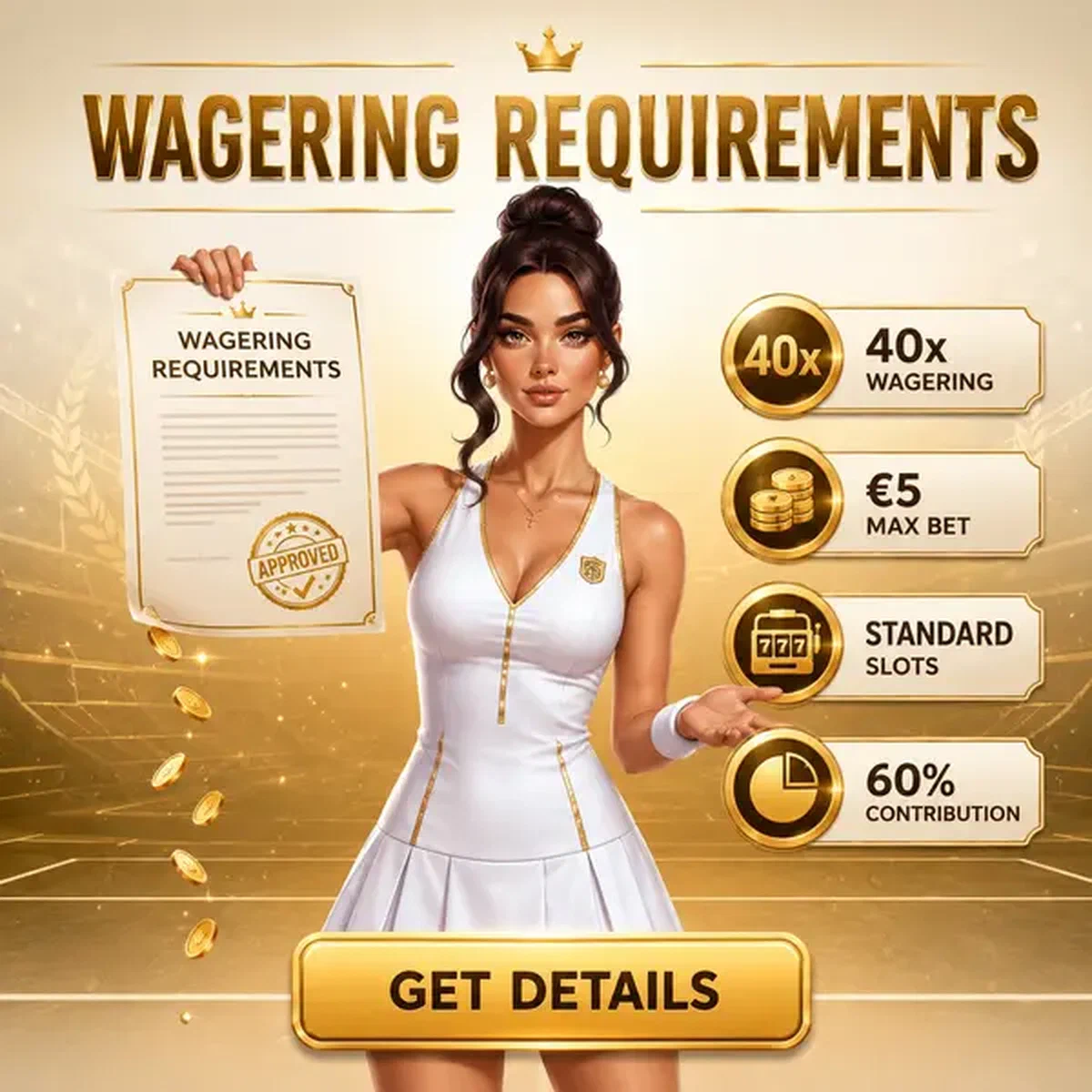 Atletische vrouw die zelfverzekerd inzetvereisten document onthult bij Wagering Requirements and Game Contributions no deposit bonus